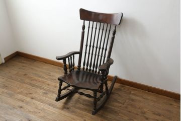和製ビンテージ　希少な廃番品　松本民芸家具　木の味わいと職人の技が楽しめる304F型ロッキングチェア(板座チェア、アームチェア、イス、揺り椅子、ヴィンテージ)(R-075343)