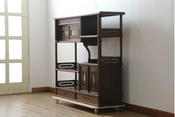 和製ビンテージ　最高級!!　指物師　好菊作　総紫檀(シタン)材　高蒔絵入り　品のある佇まいが魅力の隠し引き出し付き飾り棚(茶棚、違い棚、戸棚、収納棚、ヴィンテージ)(R-075355)