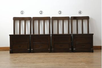 中古　鉄刀木(タガヤサン)　キャスター付き　美しい杢目が目を惹く収納付き板座チェア4脚セット(ダイニングチェア、椅子、イス)(R-075390)