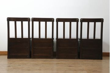 中古　鉄刀木(タガヤサン)　キャスター付き　美しい杢目が目を惹く収納付き板座チェア4脚セット(ダイニングチェア、椅子、イス)(R-075390)