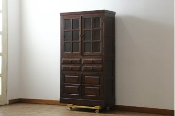 中古　松本民芸家具　落ち着きのある洗練された佇まいが魅力のG-1型面取食器棚(カップボード、収納棚、戸棚、キャビネット、本箱、上下バラ売り可能)(定価約57万円)(R-075429)