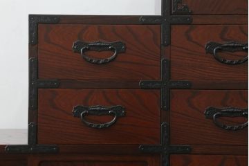 中古　美品　仙台民芸箪笥(仙台箪笥)　欅産業　拭き漆塗りが美しい階段箪笥(和たんす、収納箪笥、整理タンス、引き出し)(R-075430)