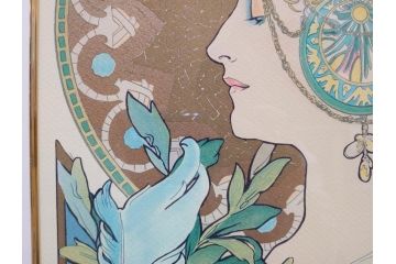 真作　アルフォンス ミュシャ　「羽根ペン」　143/250　サイン入り　リトグラフ(版画、人物画、額装)(R-075463)