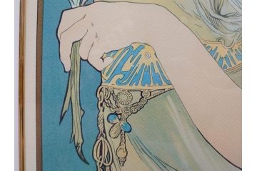 真作　アルフォンス ミュシャ　「羽根ペン」　143/250　サイン入り　リトグラフ(版画、人物画、額装)(R-075463)