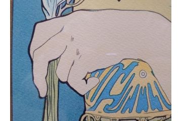 真作　アルフォンス ミュシャ　「羽根ペン」　143/250　サイン入り　リトグラフ(版画、人物画、額装)(R-075463)