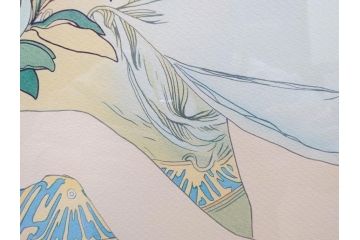 真作　アルフォンス ミュシャ　「羽根ペン」　143/250　サイン入り　リトグラフ(版画、人物画、額装)(R-075463)