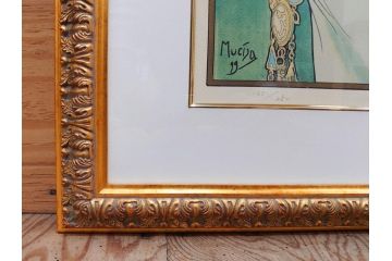 真作　アルフォンス ミュシャ　「羽根ペン」　143/250　サイン入り　リトグラフ(版画、人物画、額装)(R-075463)