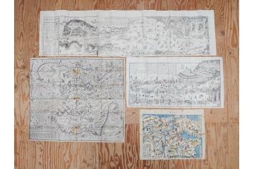 江戸時代　当時物　古地図　案内絵図　奥州仙台塩釜　千賀浦十七景　象頭山正祭頭騎大略図　坂東順礼独案内　文政6年　西国絵図　南都大仏前　絵図屋庄八 など4枚セット(鳥瞰図、俯瞰図、印刷物、木版画、古文書、坂東順禮濁案内)(R-075468)