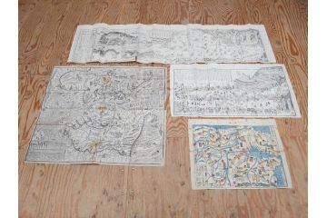 江戸時代　当時物　古地図　案内絵図　奥州仙台塩釜　千賀浦十七景　象頭山正祭頭騎大略図　坂東順礼独案内　文政6年　西国絵図　南都大仏前　絵図屋庄八 など4枚セット(鳥瞰図、俯瞰図、印刷物、木版画、古文書、坂東順禮濁案内)(R-075468)