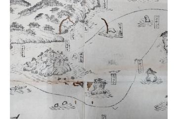 江戸時代　当時物　古地図　案内絵図　奥州仙台塩釜　千賀浦十七景　象頭山正祭頭騎大略図　坂東順礼独案内　文政6年　西国絵図　南都大仏前　絵図屋庄八 など4枚セット(鳥瞰図、俯瞰図、印刷物、木版画、古文書、坂東順禮濁案内)(R-075468)