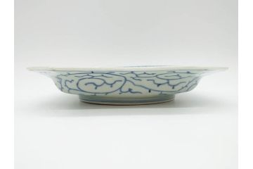 江戸期　染付　古伊万里　線描　麻の葉　花と山水図　約27cm　9寸　爽やかな印象を与える角皿(四方、八角、大皿、和皿、和食器、九寸)(R-075469)
