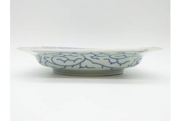 江戸期　染付　古伊万里　線描　麻の葉　花と山水図　約27cm　9寸　爽やかな印象を与える角皿(四方、八角、大皿、和皿、和食器、九寸)(R-075469)