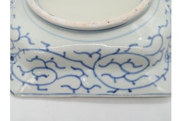 江戸期　染付　古伊万里　線描　麻の葉　花と山水図　約27cm　9寸　爽やかな印象を与える角皿(四方、八角、大皿、和皿、和食器、九寸)(R-075469)