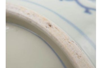 江戸期　染付　古伊万里　線描　麻の葉　花と山水図　約27cm　9寸　爽やかな印象を与える角皿(四方、八角、大皿、和皿、和食器、九寸)(R-075469)