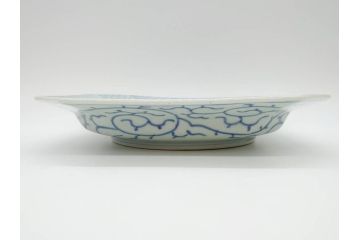 江戸期　染付　古伊万里　線描　麻の葉　花と山水図　約27cm　9寸　爽やかな印象を与える角皿(四方、八角、大皿、和皿、和食器、九寸)(R-075470)