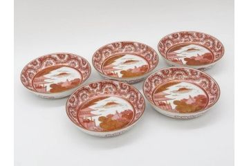 明治期　九谷　金襴手　赤絵　約12cm　3.9寸　華やかな色合いが美しい小皿5枚セット(金彩、和皿、和食器、三寸九分)(R-075477)