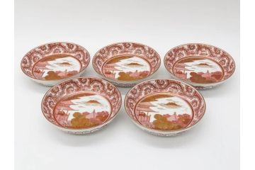 明治期　九谷　金襴手　赤絵　約12cm　3.9寸　華やかな色合いが美しい小皿5枚セット(金彩、和皿、和食器、三寸九分)(R-075477)