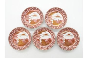 明治期　九谷　金襴手　赤絵　約12cm　3.9寸　華やかな色合いが美しい小皿5枚セット(金彩、和皿、和食器、三寸九分)(R-075477)