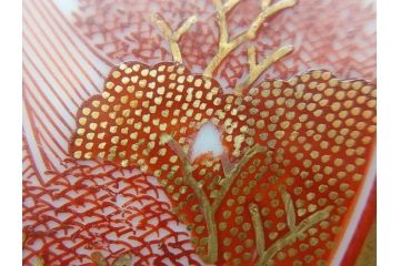 明治期　九谷　金襴手　赤絵　約12cm　3.9寸　華やかな色合いが美しい小皿5枚セット(金彩、和皿、和食器、三寸九分)(R-075477)