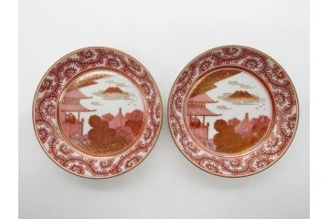 明治期　九谷　金襴手　赤絵　約12cm　3.9寸　華やかな色合いが美しい小皿5枚セット(金彩、和皿、和食器、三寸九分)(R-075477)
