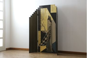 中古　アジアン　異国情緒溢れるデザインが目を惹く三連衝立て(パーテーション、衝い立て、つい立て、間仕切り、折りたたみ、マカオ、韓国、中国)(R-075497)