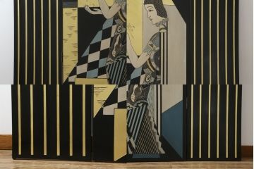 中古　アジアン　異国情緒溢れるデザインが目を惹く三連衝立て(パーテーション、衝い立て、つい立て、間仕切り、折りたたみ、マカオ、韓国、中国)(R-075497)