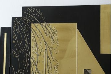中古　アジアン　異国情緒溢れるデザインが目を惹く三連衝立て(パーテーション、衝い立て、つい立て、間仕切り、折りたたみ、マカオ、韓国、中国)(R-075497)
