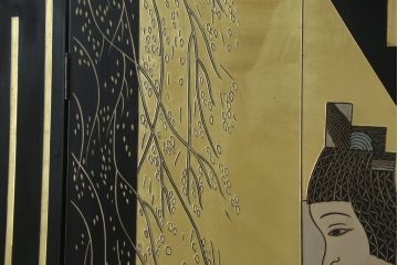 中古　アジアン　異国情緒溢れるデザインが目を惹く三連衝立て(パーテーション、衝い立て、つい立て、間仕切り、折りたたみ、マカオ、韓国、中国)(R-075497)