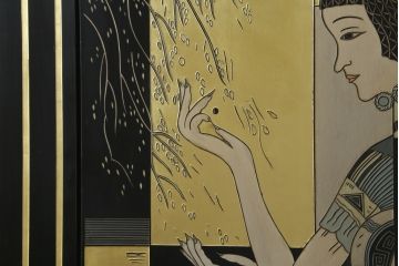 中古　アジアン　異国情緒溢れるデザインが目を惹く三連衝立て(パーテーション、衝い立て、つい立て、間仕切り、折りたたみ、マカオ、韓国、中国)(R-075497)