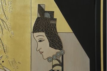 中古　アジアン　異国情緒溢れるデザインが目を惹く三連衝立て(パーテーション、衝い立て、つい立て、間仕切り、折りたたみ、マカオ、韓国、中国)(R-075497)