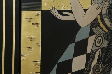 中古　アジアン　異国情緒溢れるデザインが目を惹く三連衝立て(パーテーション、衝い立て、つい立て、間仕切り、折りたたみ、マカオ、韓国、中国)(R-075497)