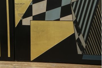 中古　アジアン　異国情緒溢れるデザインが目を惹く三連衝立て(パーテーション、衝い立て、つい立て、間仕切り、折りたたみ、マカオ、韓国、中国)(R-075497)