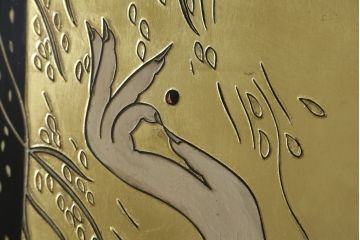 中古　アジアン　異国情緒溢れるデザインが目を惹く三連衝立て(パーテーション、衝い立て、つい立て、間仕切り、折りたたみ、マカオ、韓国、中国)(R-075497)