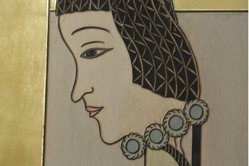 中古　アジアン　異国情緒溢れるデザインが目を惹く三連衝立て(パーテーション、衝い立て、つい立て、間仕切り、折りたたみ、マカオ、韓国、中国)(R-075497)