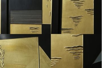 中古　アジアン　異国情緒溢れるデザインが目を惹く三連衝立て(パーテーション、衝い立て、つい立て、間仕切り、折りたたみ、マカオ、韓国、中国)(R-075497)