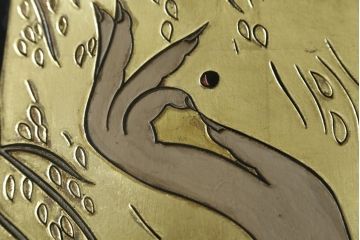 中古　アジアン　異国情緒溢れるデザインが目を惹く三連衝立て(パーテーション、衝い立て、つい立て、間仕切り、折りたたみ、マカオ、韓国、中国)(R-075497)