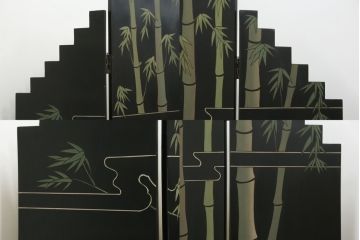 中古　アジアン　異国情緒溢れるデザインが目を惹く三連衝立て(パーテーション、衝い立て、つい立て、間仕切り、折りたたみ、マカオ、韓国、中国)(R-075497)