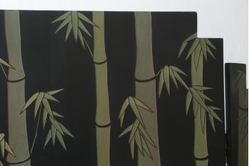 中古　アジアン　異国情緒溢れるデザインが目を惹く三連衝立て(パーテーション、衝い立て、つい立て、間仕切り、折りたたみ、マカオ、韓国、中国)(R-075497)