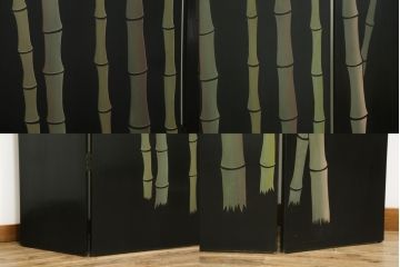 中古　アジアン　異国情緒溢れるデザインが目を惹く三連衝立て(パーテーション、衝い立て、つい立て、間仕切り、折りたたみ、マカオ、韓国、中国)(R-075497)