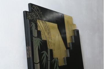 中古　アジアン　異国情緒溢れるデザインが目を惹く三連衝立て(パーテーション、衝い立て、つい立て、間仕切り、折りたたみ、マカオ、韓国、中国)(R-075497)
