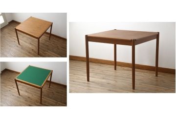 デンマークビンテージ　Kibaek Mobelfabrik(キバエク モーベルファブリック)　チーク材　両面使いできる天板がユニークなダイニングテーブル(2人掛け、4人掛け、コーヒーテーブル、カフェテーブル、ゲームテーブル、ヴィンテージ、北欧)(R-075500)