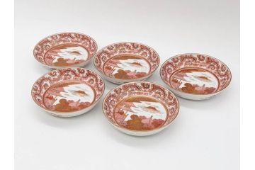 明治期　九谷　金襴手　赤絵　約12cm　3.9寸　華やかな色合いが美しい小皿5枚セット(金彩、和皿、和食器、三寸九分)(R-075523)