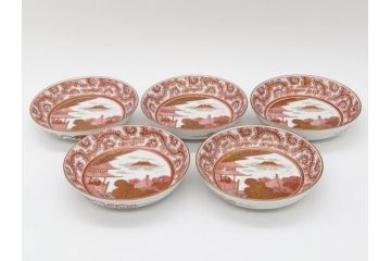 明治期　九谷　金襴手　赤絵　約12cm　3.9寸　華やかな色合いが美しい小皿5枚セット(金彩、和皿、和食器、三寸九分)(R-075523)