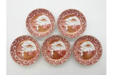 明治期　九谷　金襴手　赤絵　約12cm　3.9寸　華やかな色合いが美しい小皿5枚セット(金彩、和皿、和食器、三寸九分)(R-075523)