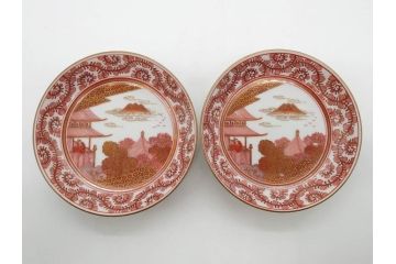 明治期　九谷　金襴手　赤絵　約12cm　3.9寸　華やかな色合いが美しい小皿5枚セット(金彩、和皿、和食器、三寸九分)(R-075523)