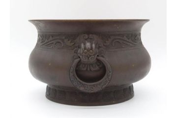 明治期　大明宣徳年製　鳳凰　紋双龍耳　古銅　重厚感ある佇まいと洗練されたデザインが素敵な火鉢(手あぶり、鉢カバー)(R-075526)
