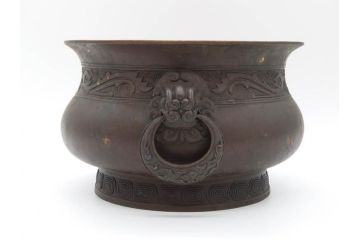 明治期　大明宣徳年製　鳳凰　紋双龍耳　古銅　重厚感ある佇まいと洗練されたデザインが素敵な火鉢(手あぶり、鉢カバー)(R-075526)