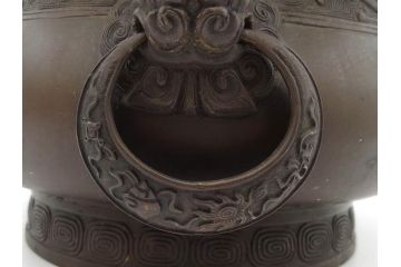 明治期　大明宣徳年製　鳳凰　紋双龍耳　古銅　重厚感ある佇まいと洗練されたデザインが素敵な火鉢(手あぶり、鉢カバー)(R-075526)
