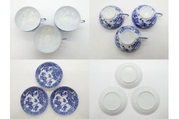 昭和レトロ　明治〜大正　透かし芸者　海外輸出品　燕　桜　エッグシェル　egg shell　カップ&ソーサー9客セット(ツバメ、サクラ、金魚、MADE IN OCCUPIED JAPAN(占領下の日本製)、オキュパイド ジャパン、卵殻手、洋食器)(R-075536)