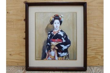 真作　小松崎邦雄　「鶴の舞妓」　限定50部　35/50　陶板画(女性、人物、額装、共シール、箱付き)(R-075539)
